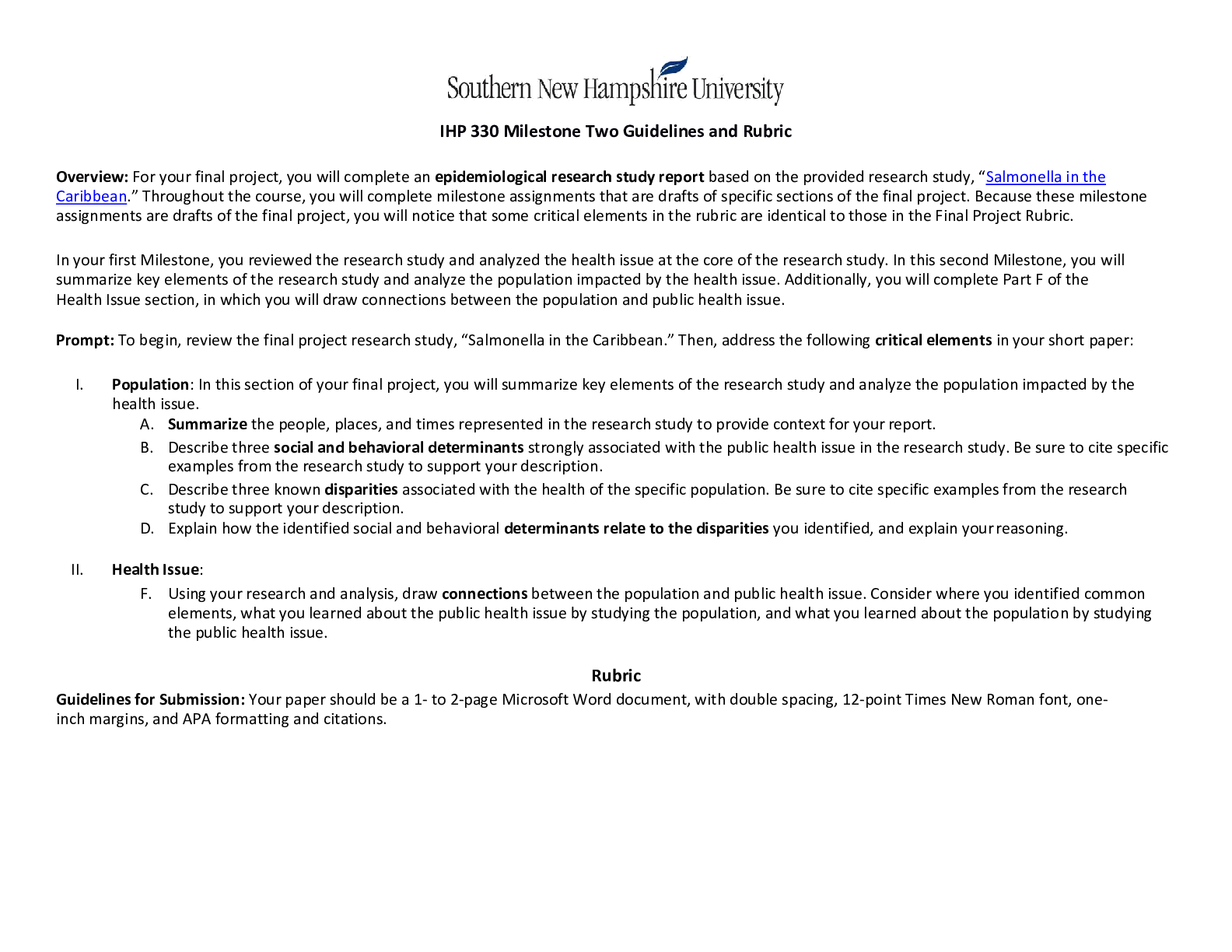 Preview of IHP 330 Milestone Two Guidelines and Rubric